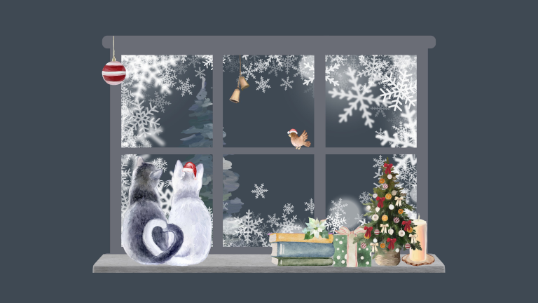 Weihnachtlich dekorierte Fensterbank, auf der zwei Katzen sitzen und hinausblicken. Eine von ihnen trägt eine Weihnachtsmütze.