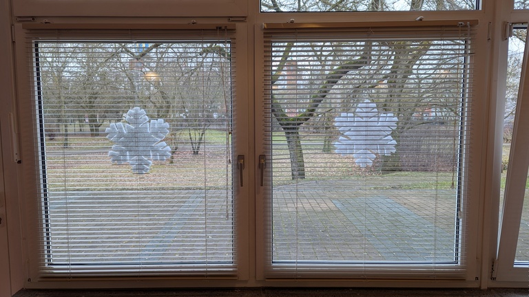 Fenster mit Jalousien (innen) und Deko-Schneeflocken (außen)