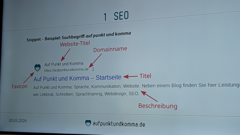 Snippet der Startseite von aufpunktundkomma.de