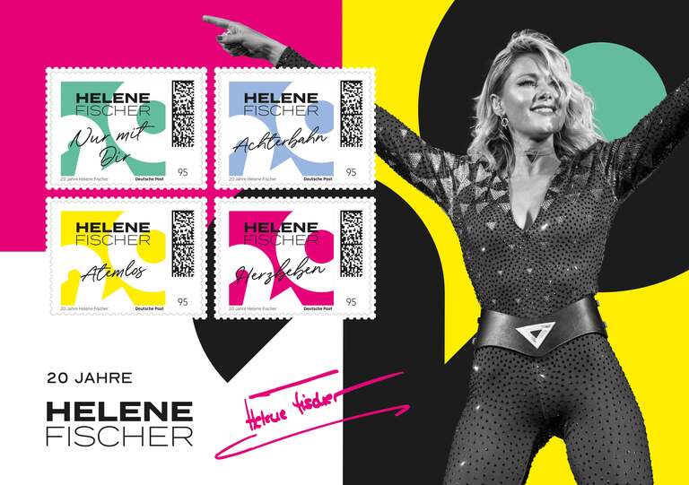 Vier Liedtitel von Helene Fischer aufgedruckt auf Sonderbriefmarken.