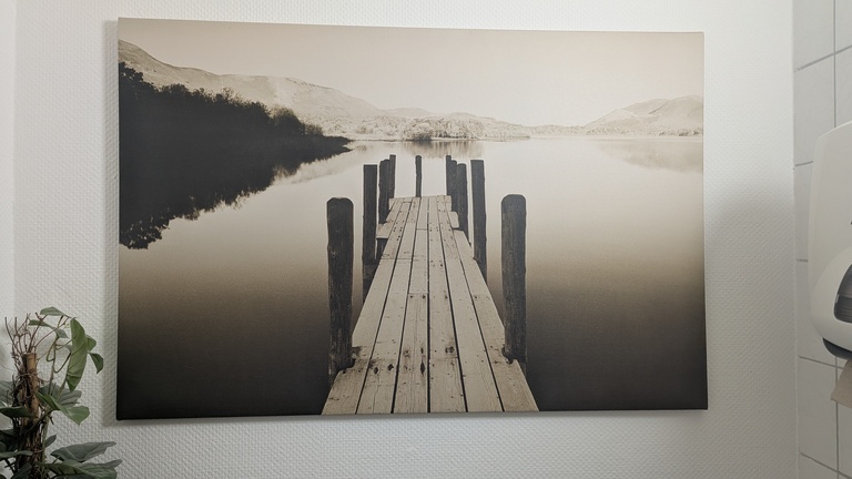 Ein Hauch von Wellness auf dem stillen Örtchen In einem Badezimmer zu sehen sind: eine Grünpflanze, die am Boden steht, ein Papierhandtuchspender, der an der Wand hängt, und ein Wandbild. Das Wandbild zeigt einen See, einen Steg und im Hintergrund Bäume und Berge.