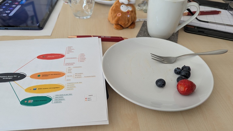 Auf einem weißen Teller liegen Heidelbeeren und eine Erdbeere. Daneben steht eine Tasse Kaffee auf dem Tisch.
