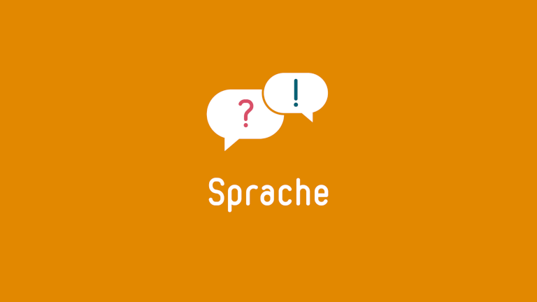 Orangefarbener Hintergrund mit zwei weißen Sprechblasen, die ein Fragezeichen und ein Ausrufezeichen enthalten. Darunter steht in weißer Schrift „Sprache“.