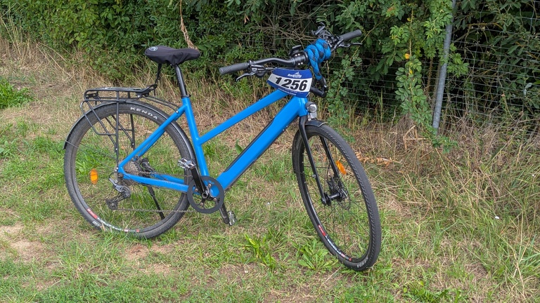 Ein Fahrrad steht auf grünem Gras vor einem Zaun.