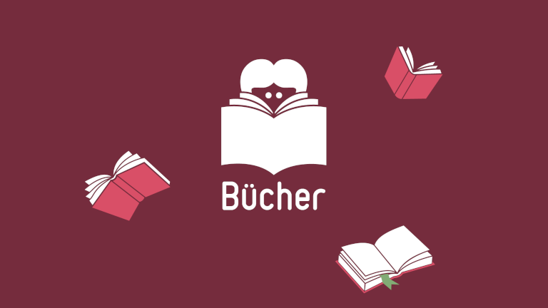 Illustration zum Thema Bücher: Mehrere geöffnete Bücher und ein zentrales Buchsymbol mit der Aufschrift „Bücher“ auf auberginefarbenem Hintergrund.