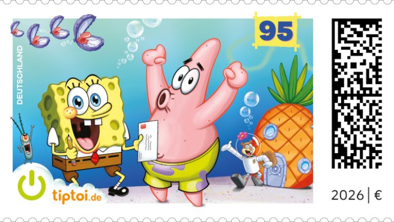 Das Motiv der SpongeBob-Sonderbriefmarke 2026 stammt aus der Postboten-Episode des Zeichentrickfilms „SpongeBob Schwammkopf“.